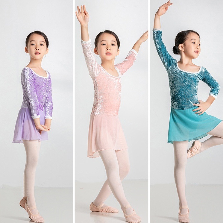 レオタード ベルベット キッズ ウォームアップ スカート付き 女の子 ７分袖 防寒 股下スナップボタン バレエ ダンス衣装 演出 54BB1017
