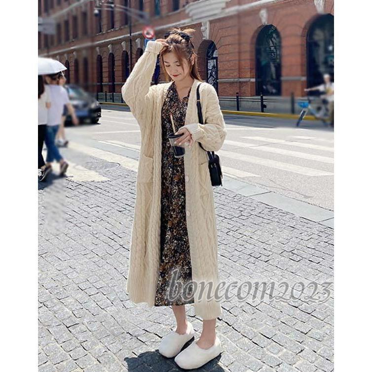 ロング カーディガン ざっくり ニット ケーブル編み セーター レディース ゆったり きれいめ 秋冬 暖かい 厚手 ニット 前開き ボタン付き アウター 長袖 おしゃ