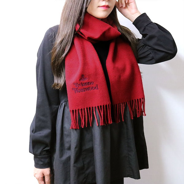 赤色 ロゴ刺繍 マフラー フリンジ付き
