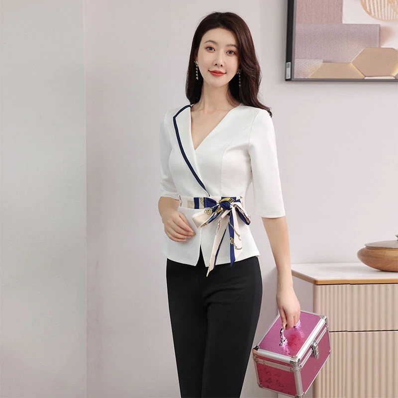 作高級感ユニフォームエステサロン通勤レディース女性制服エステ制服おしゃれ半袖七分袖上下セットセットアップエステサロンユニフォーム2025福袋