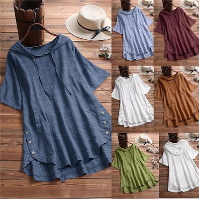 每日更新チュニック ブラウス 綿麻 長袖 半袖 フード付き チェック ロングシャツ ゆったり母の日 每日更新チュニック ブラウス 綿麻 長袖 半袖 フード付き チェック ロングシャツ ゆったり母の日