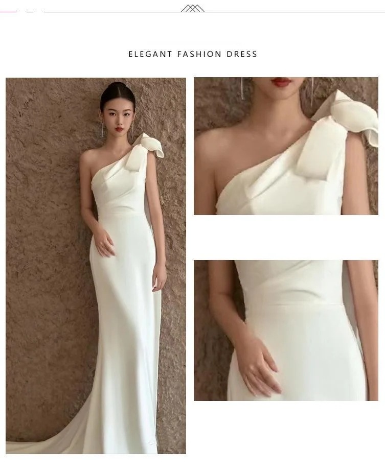 ウェディングドレス パーティードレス ワンショルダーのドレス ホワイトサテン マーメイドドレス ガーデンフォト セルフフォト ブライダル 撮影 海外挙式 ビーチフォト 結婚式 二次会 花嫁 演奏会