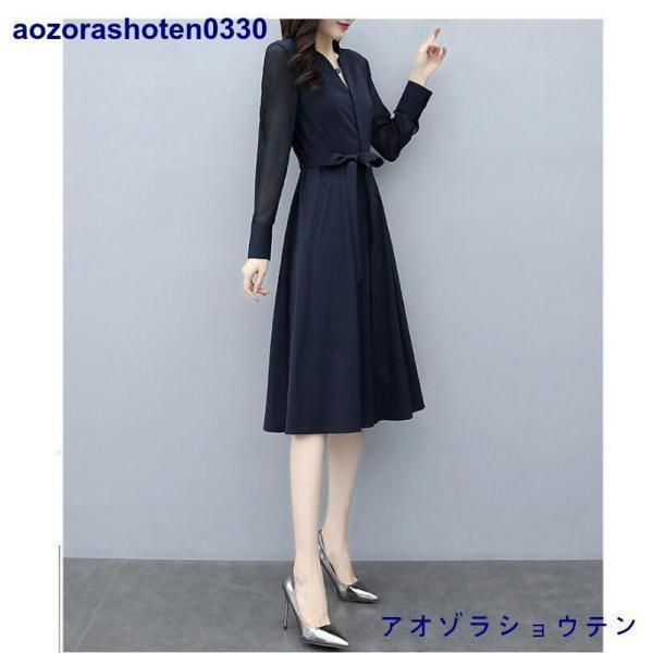 ワンピース レディース 40代50代 春秋 膝丈 長袖 無地 ロング丈 Aライン 上品 フォーマル 通勤 リボン 結婚式ドレス オシャレ 着痩せ 入学式 卒業式 卒園式