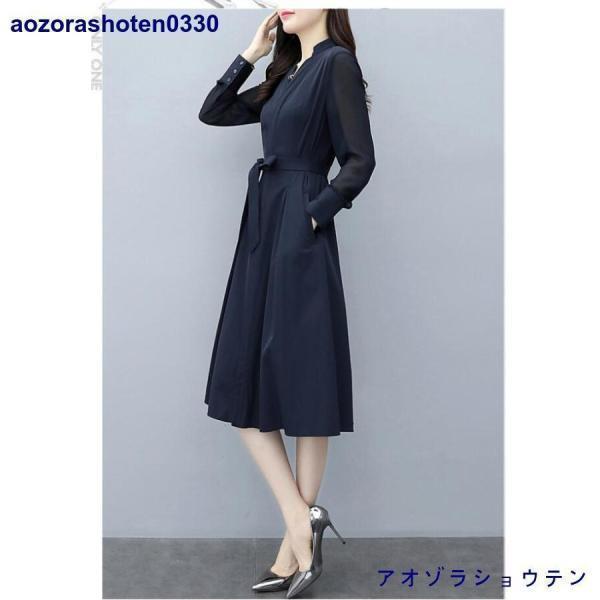 ワンピース レディース 40代50代 春秋 膝丈 長袖 無地 ロング丈 Aライン 上品 フォーマル 通勤 リボン 結婚式ドレス オシャレ 着痩せ 入学式 卒業式 卒園式