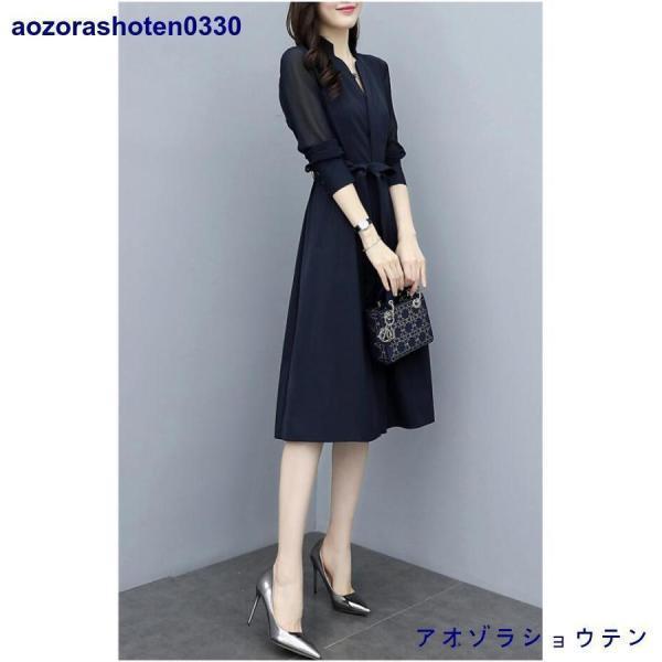 ワンピース レディース 40代50代 春秋 膝丈 長袖 無地 ロング丈 Aライン 上品 フォーマル 通勤 リボン 結婚式ドレス オシャレ 着痩せ 入学式 卒業式 卒園式