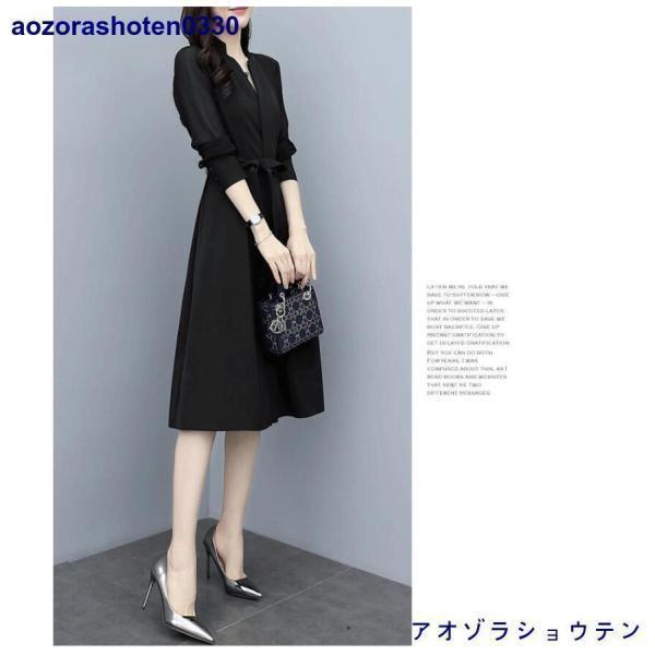 ワンピース レディース 40代50代 春秋 膝丈 長袖 無地 ロング丈 Aライン 上品 フォーマル 通勤 リボン 結婚式ドレス オシャレ 着痩せ 入学式 卒業式 卒園式