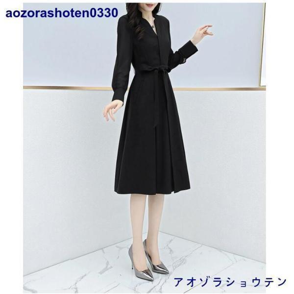 ワンピース レディース 40代50代 春秋 膝丈 長袖 無地 ロング丈 Aライン 上品 フォーマル 通勤 リボン 結婚式ドレス オシャレ 着痩せ 入学式 卒業式 卒園式