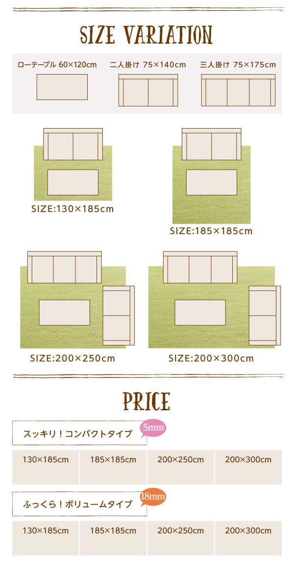 厚みが選べる！はっ水ラグ[Repewell]レペウェル 18mm厚タイプ 200x300cm チョコレートブラウン