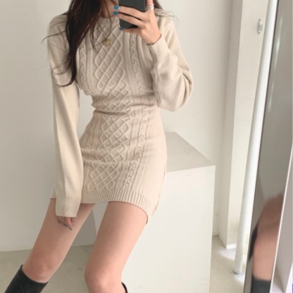 ざっくりニットワンピース ワンピース ニット ミニ ミニ丈 膝上 袖あり 長袖 ラウンドネック ざっくりニットワンピース ワンピース ニット ミニ ミニ丈 膝上 袖あり 長袖 ラウンドネック