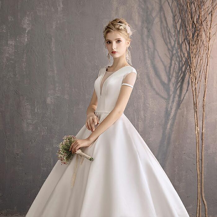 ウェディングドレス プリンセスライン 結婚式 二次会 前撮り 大きいサイズ ロングドレス ウエディングドレス 半袖 編み上げ ブライダル 披露宴 花嫁 シンプル