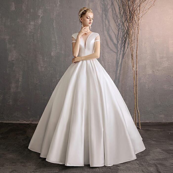 ウェディングドレス プリンセスライン 結婚式 二次会 前撮り 大きいサイズ ロングドレス ウエディングドレス 半袖 編み上げ ブライダル 披露宴 花嫁 シンプル