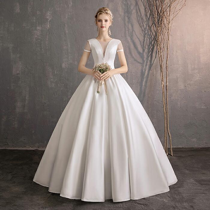 ウェディングドレス プリンセスライン 結婚式 二次会 前撮り 大きいサイズ ロングドレス ウエディングドレス 半袖 編み上げ ブライダル 披露宴 花嫁 シンプル
