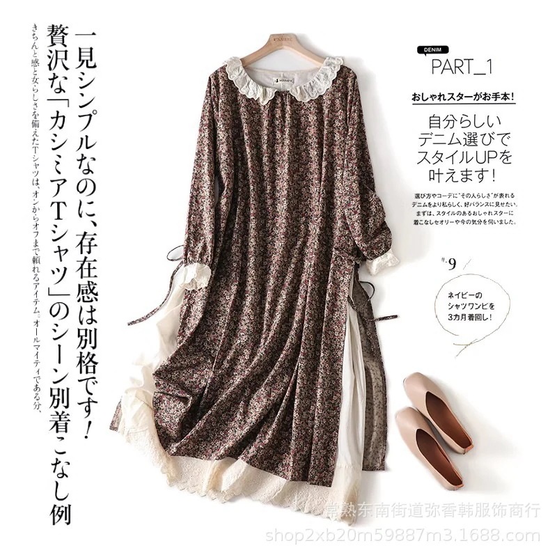 森ガール文学プリント綿とリネン長袖ドレスゆったりと多用途刺繍ベビードール襟プルオーバーロングドレス韓国ファッション
