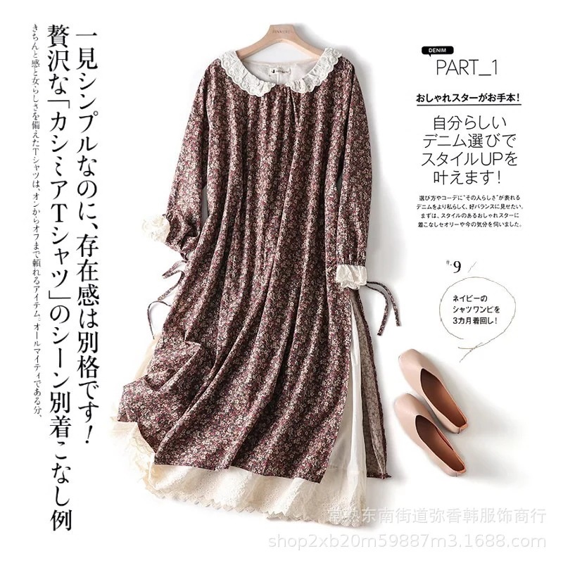 森ガール文学プリント綿とリネン長袖ドレスゆったりと多用途刺繍ベビードール襟プルオーバーロングドレス韓国ファッション