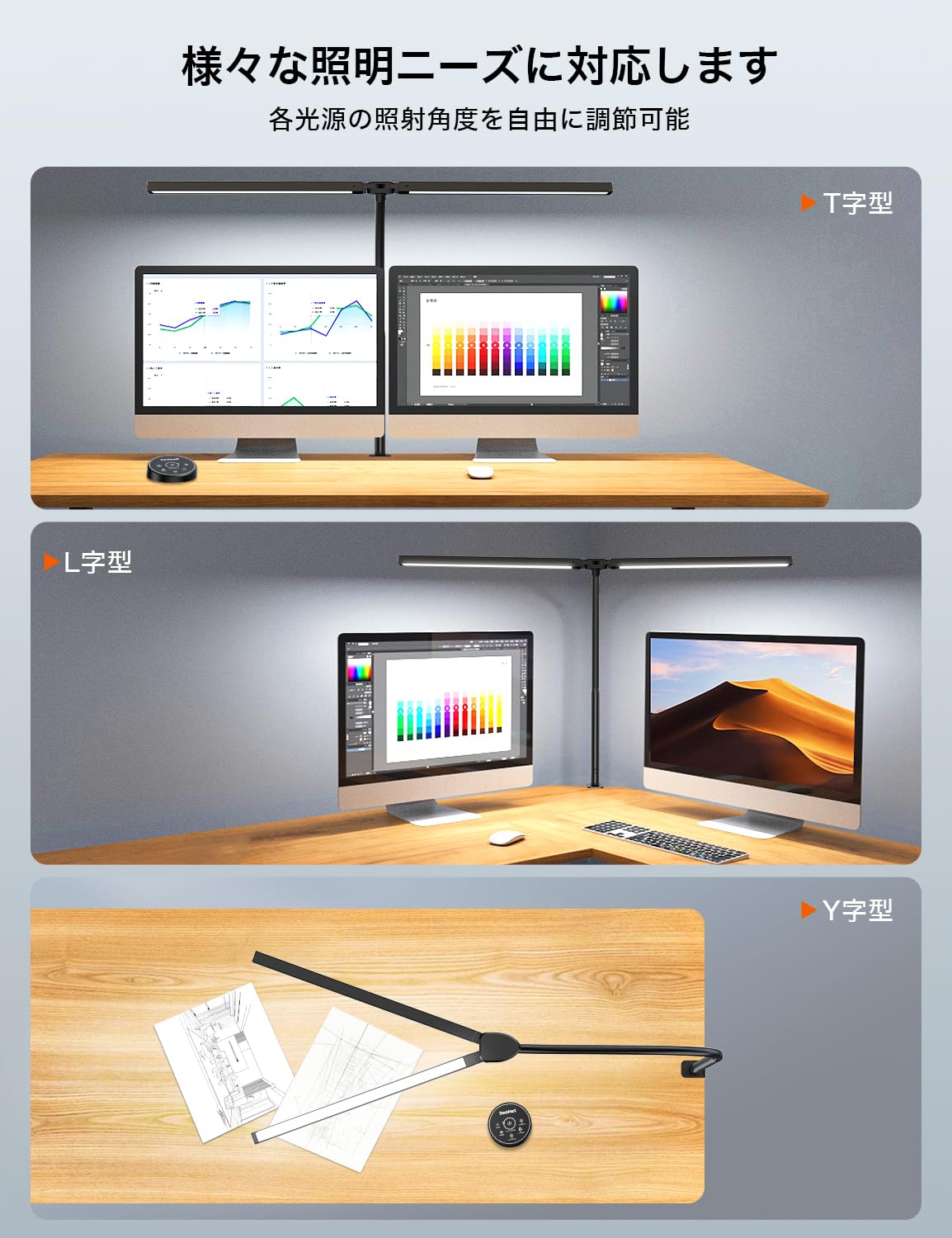 BeaNet デスクライト LED 「無線リモコン・ダブル光源・幅800mm・24W・2000Lx」 5段階調光調色 電気スタンド クランプ「PSE認証済」 幅広 スタンドライト 多角度調節 卓上ライ