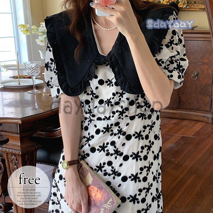 ワンピース ロング 大きめ襟 襟付き ドット 総柄 フリル 透け感 涼し気 フェミニン ホワイトシンプル シック お洒落 ベーシック 休日 ナチュラル