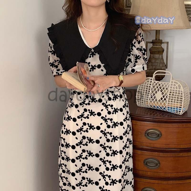 ワンピース ロング 大きめ襟 襟付き ドット 総柄 フリル 透け感 涼し気 フェミニン ホワイトシンプル シック お洒落 ベーシック 休日 ナチュラル