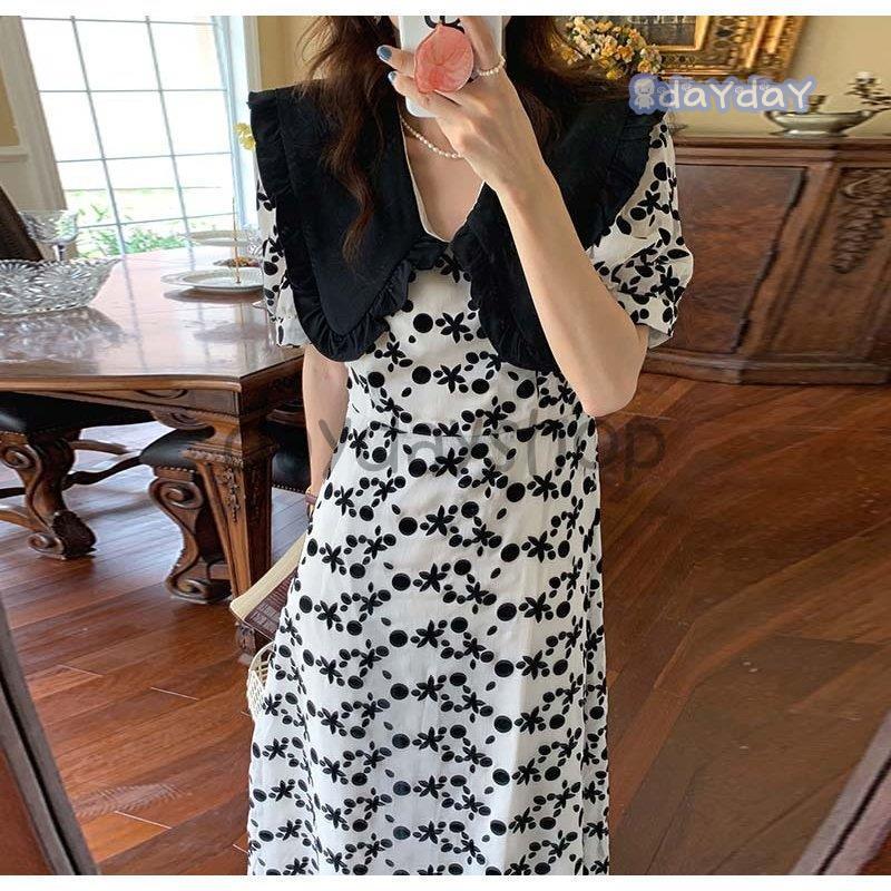 ワンピース ロング 大きめ襟 襟付き ドット 総柄 フリル 透け感 涼し気 フェミニン ホワイトシンプル シック お洒落 ベーシック 休日 ナチュラル