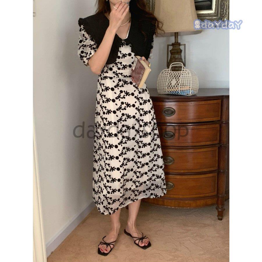 ワンピース ロング 大きめ襟 襟付き ドット 総柄 フリル 透け感 涼し気 フェミニン ホワイトシンプル シック お洒落 ベーシック 休日 ナチュラル