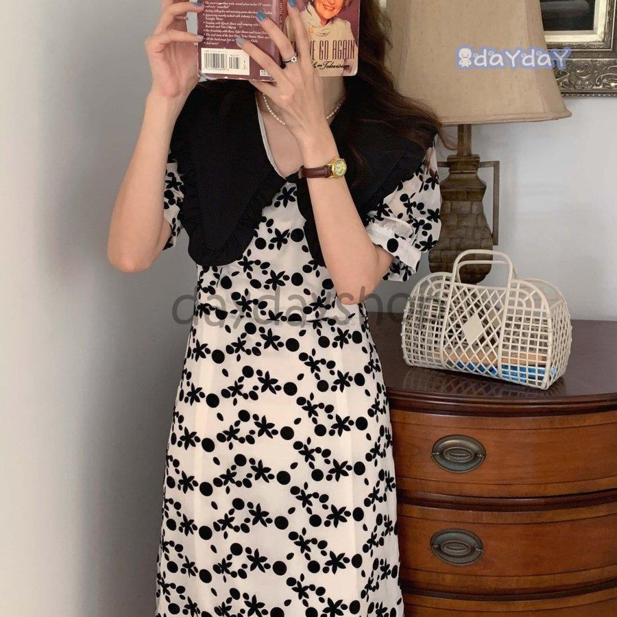 ワンピース ロング 大きめ襟 襟付き ドット 総柄 フリル 透け感 涼し気 フェミニン ホワイトシンプル シック お洒落 ベーシック 休日 ナチュラル