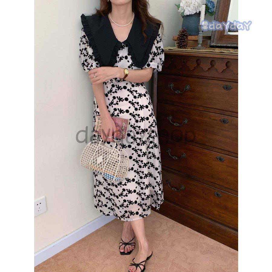 ワンピース ロング 大きめ襟 襟付き ドット 総柄 フリル 透け感 涼し気 フェミニン ホワイトシンプル シック お洒落 ベーシック 休日 ナチュラル