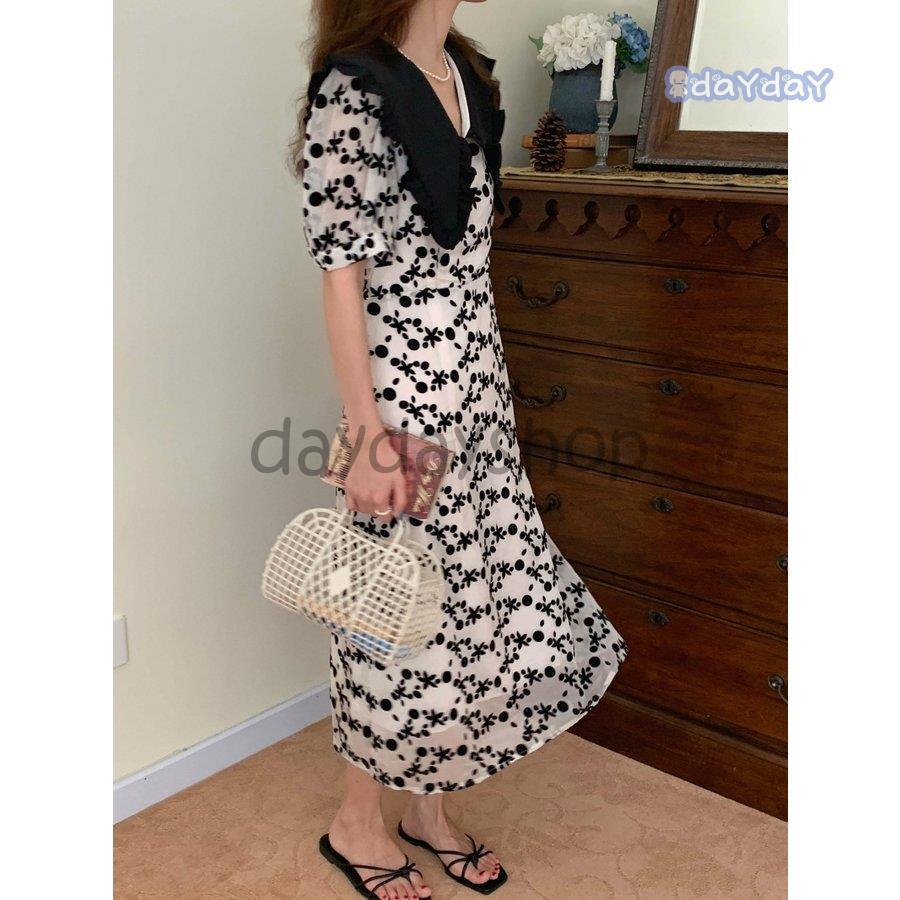 ワンピース ロング 大きめ襟 襟付き ドット 総柄 フリル 透け感 涼し気 フェミニン ホワイトシンプル シック お洒落 ベーシック 休日 ナチュラル