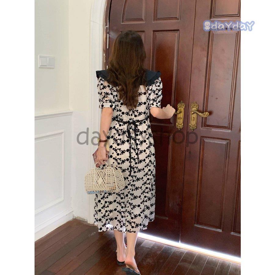 ワンピース ロング 大きめ襟 襟付き ドット 総柄 フリル 透け感 涼し気 フェミニン ホワイトシンプル シック お洒落 ベーシック 休日 ナチュラル