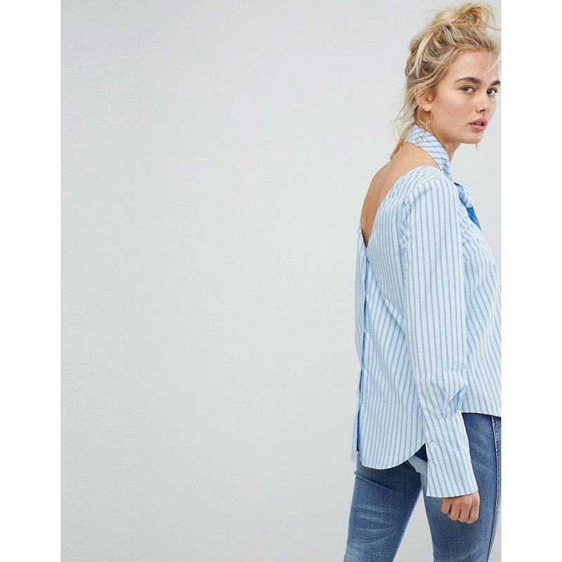 カレントエアー レディース トップス【Current Air Stripe Top with Neck Tie】Blue カレントエアー レディース トップス【Current Air Stripe Top with Neck Tie】Blue