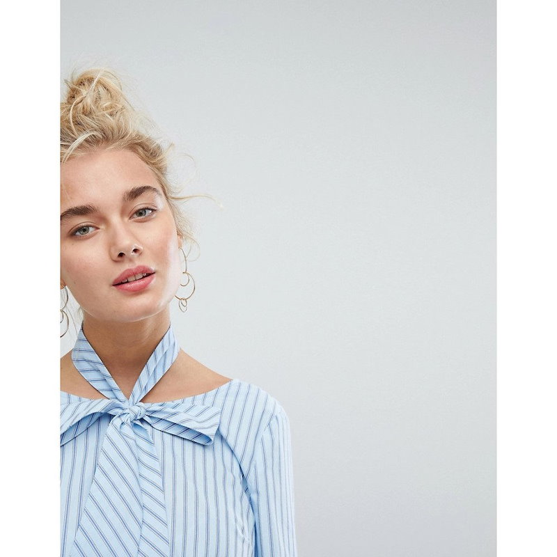 カレントエアー レディース トップス【Current Air Stripe Top with Neck Tie】Blue カレントエアー レディース トップス【Current Air Stripe Top with Neck Tie】Blue