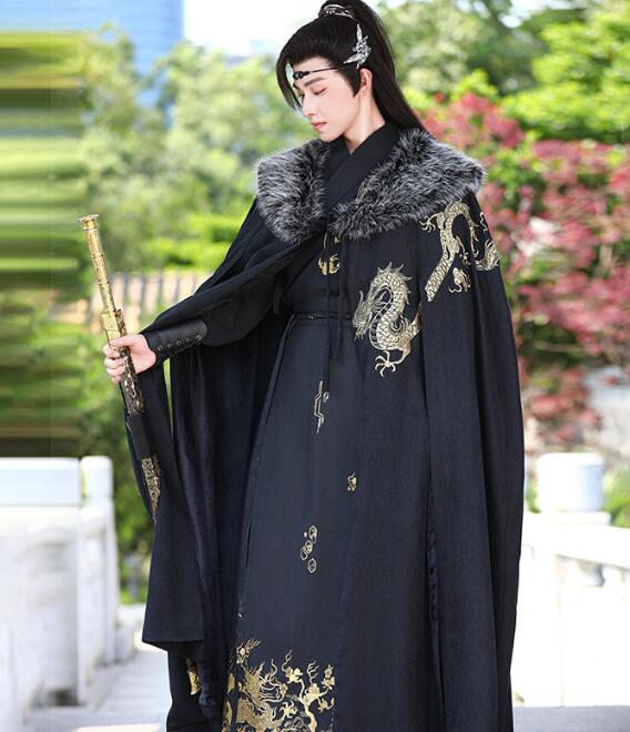 メンズ裏起毛漢服マント唐装 漢服 冬　マント ロング丈　ケープ メンズ　中華服 ファーおまけチャイナ服 コスプレ衣装　暖かい　クリスマス　綺麗龍柄 舞台衣装 中華厚手羽織コート　ハロウィン　上下セット