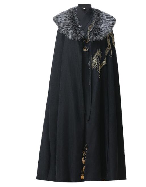 メンズ裏起毛漢服マント唐装 漢服 冬　マント ロング丈　ケープ メンズ　中華服 ファーおまけチャイナ服 コスプレ衣装　暖かい　クリスマス　綺麗龍柄 舞台衣装 中華厚手羽織コート　ハロウィン　上下セット