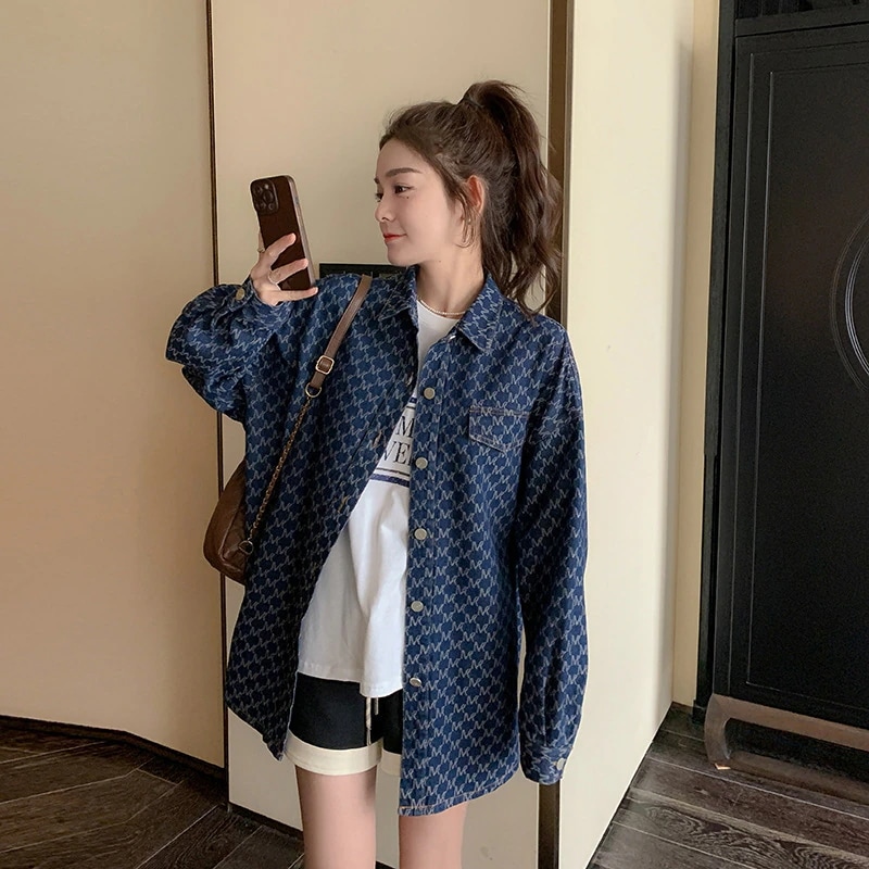 チェック柄シャツ人気新作ブラウスレディース春服デニムアウター韓国ファッション長袖トップスカジュアル流行りカーディガン