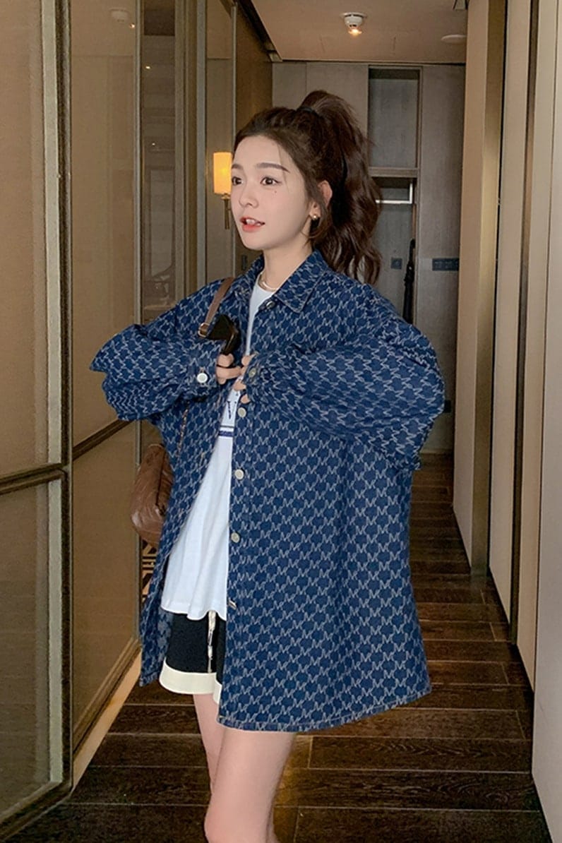 チェック柄シャツ人気新作ブラウスレディース春服デニムアウター韓国ファッション長袖トップスカジュアル流行りカーディガン