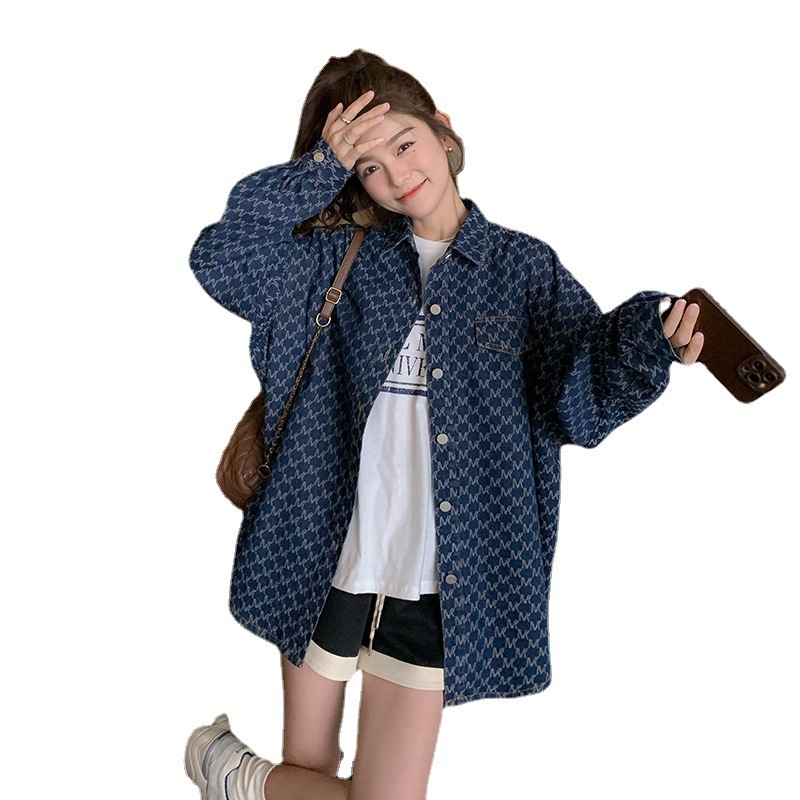 チェック柄シャツ人気新作ブラウスレディース春服デニムアウター韓国ファッション長袖トップスカジュアル流行りカーディガン