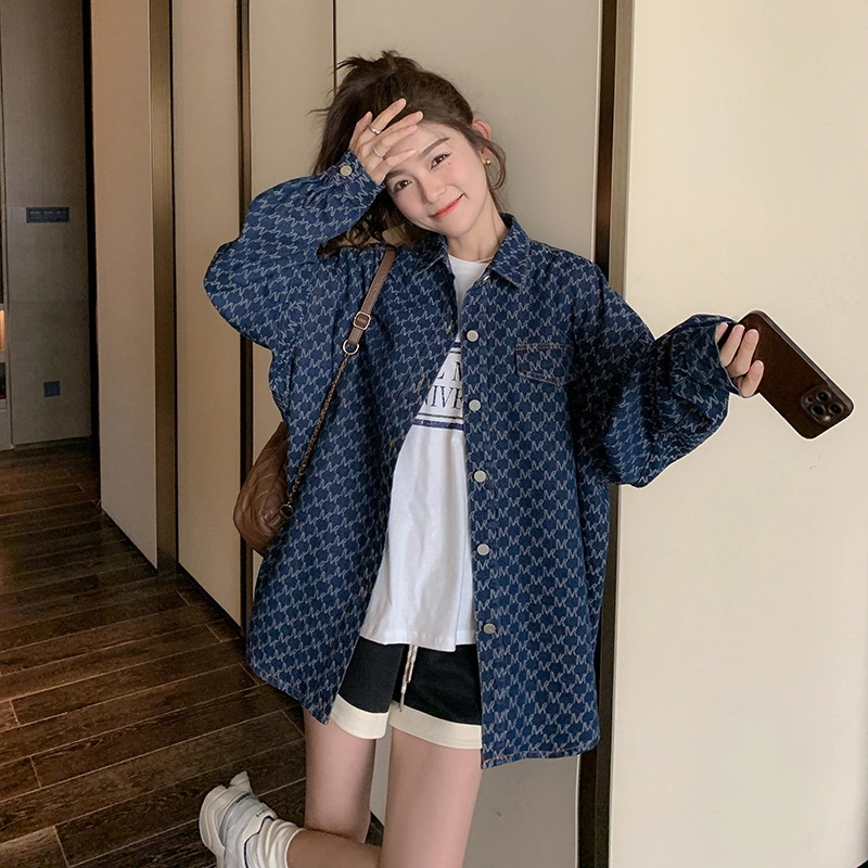 チェック柄シャツ人気新作ブラウスレディース春服デニムアウター韓国ファッション長袖トップスカジュアル流行りカーディガン