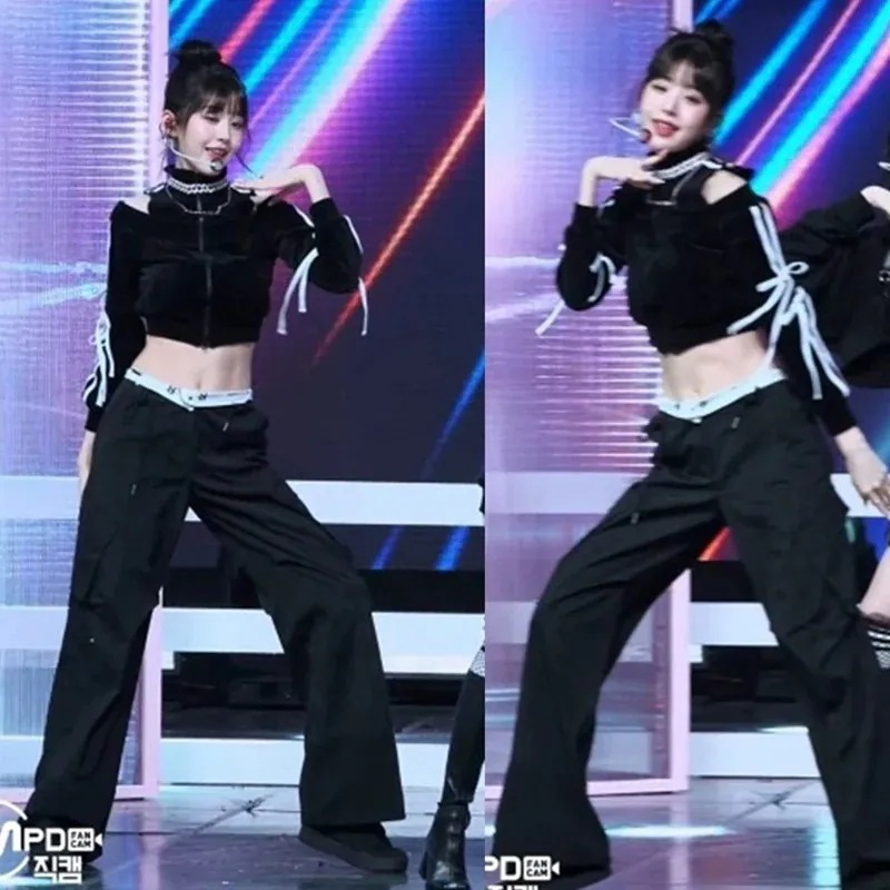 Ive Zhang Yuanying 黒オフショルダー長袖ジャズストリートステージ衣装 Ive Zhang Yuanying 黒オフショルダー長袖ジャズストリートステージ衣装