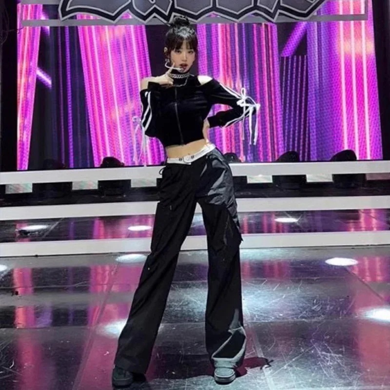 Ive Zhang Yuanying 黒オフショルダー長袖ジャズストリートステージ衣装 Ive Zhang Yuanying 黒オフショルダー長袖ジャズストリートステージ衣装