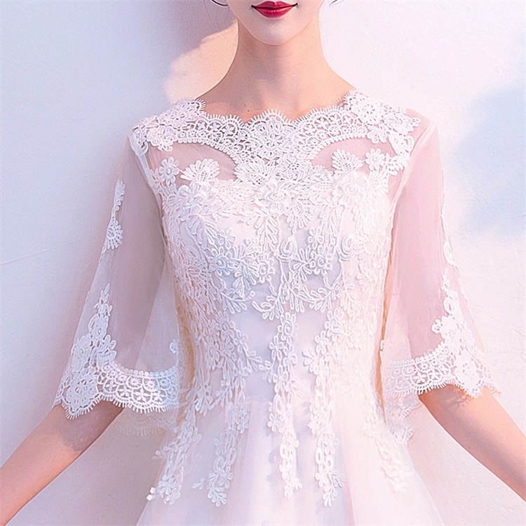 高評価多数パーティードレス ドレス ロングドレス レディース イブニングドレス ワンピース 花柄ワンピース レース 刺繍 五分袖 フリルネック Aライン 大きい裾 体型カバー 結婚式 花嫁 ブライズメ