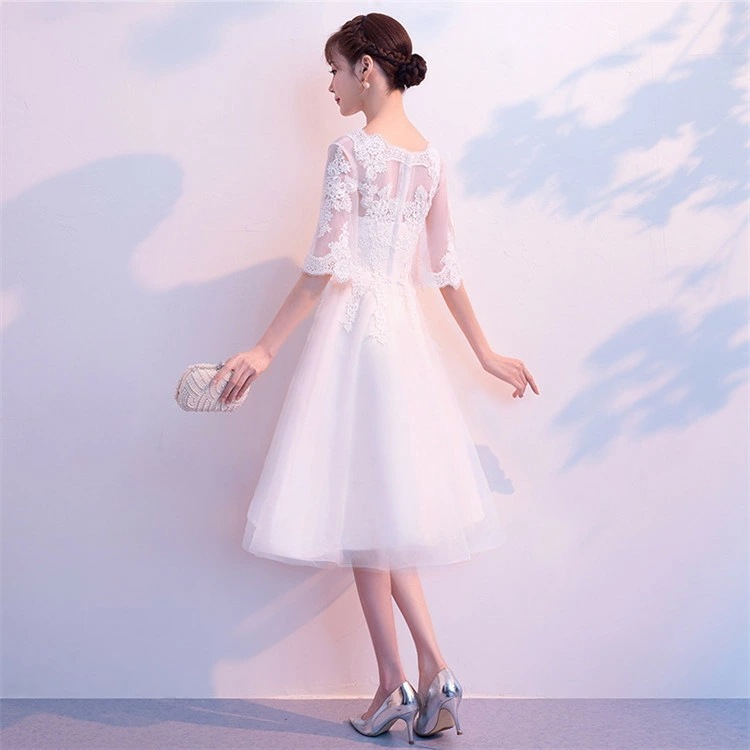 高評価多数パーティードレス ドレス ロングドレス レディース イブニングドレス ワンピース 花柄ワンピース レース 刺繍 五分袖 フリルネック Aライン 大きい裾 体型カバー 結婚式 花嫁 ブライズメ