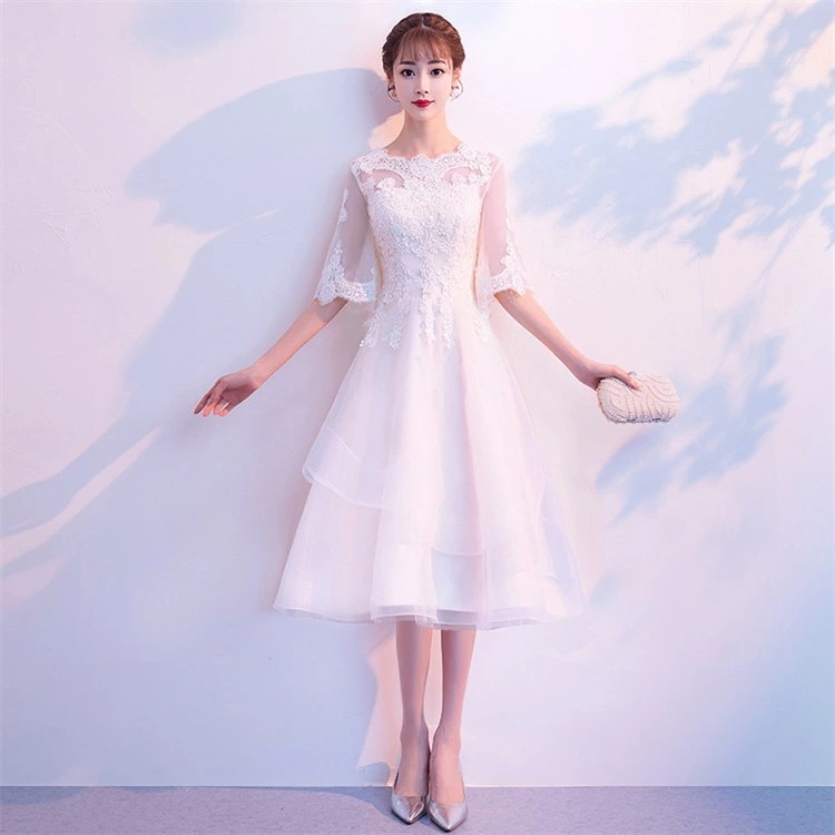 高評価多数パーティードレス ドレス ロングドレス レディース イブニングドレス ワンピース 花柄ワンピース レース 刺繍 五分袖 フリルネック Aライン 大きい裾 体型カバー 結婚式 花嫁 ブライズメ