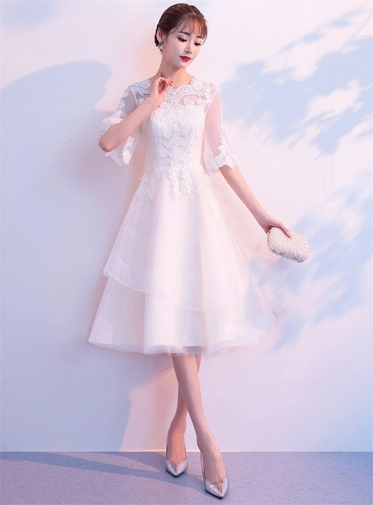 高評価多数パーティードレス ドレス ロングドレス レディース イブニングドレス ワンピース 花柄ワンピース レース 刺繍 五分袖 フリルネック Aライン 大きい裾 体型カバー 結婚式 花嫁 ブライズメ