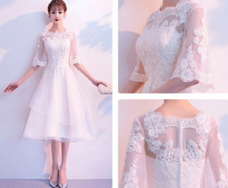 高評価多数パーティードレス ドレス ロングドレス レディース イブニングドレス ワンピース 花柄ワンピース レース 刺繍 五分袖 フリルネック Aライン 大きい裾 体型カバー 結婚式 花嫁 ブライズメ