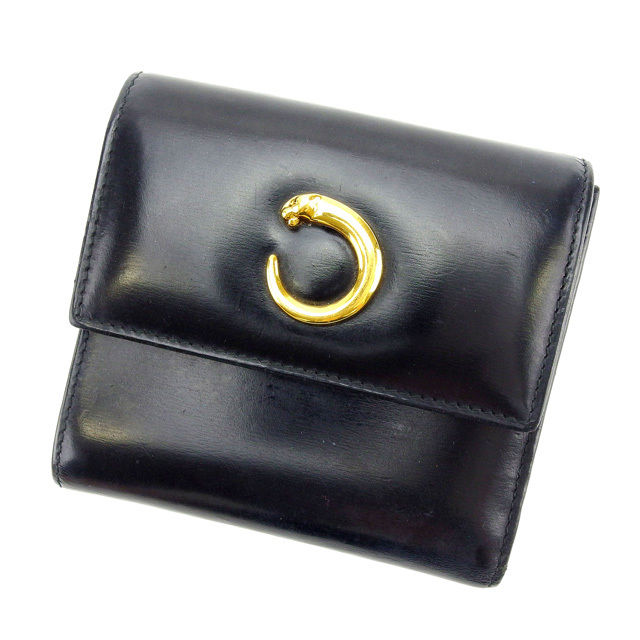 三つ折り財布 パンテール ブラック ゴールド 中古