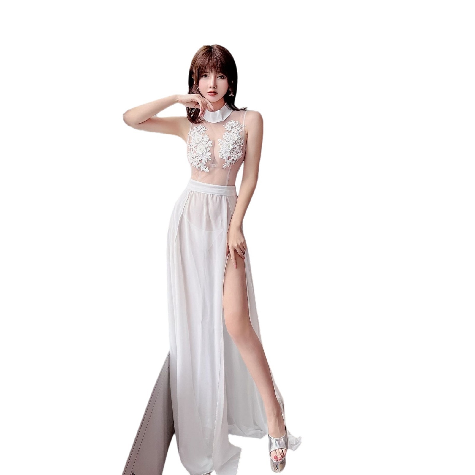 セクシーシースルーメッシュスプライシングロングドレス手縫い花柄オープンブレストドレスビューティーパフォーマンス衣装ステージ衣装