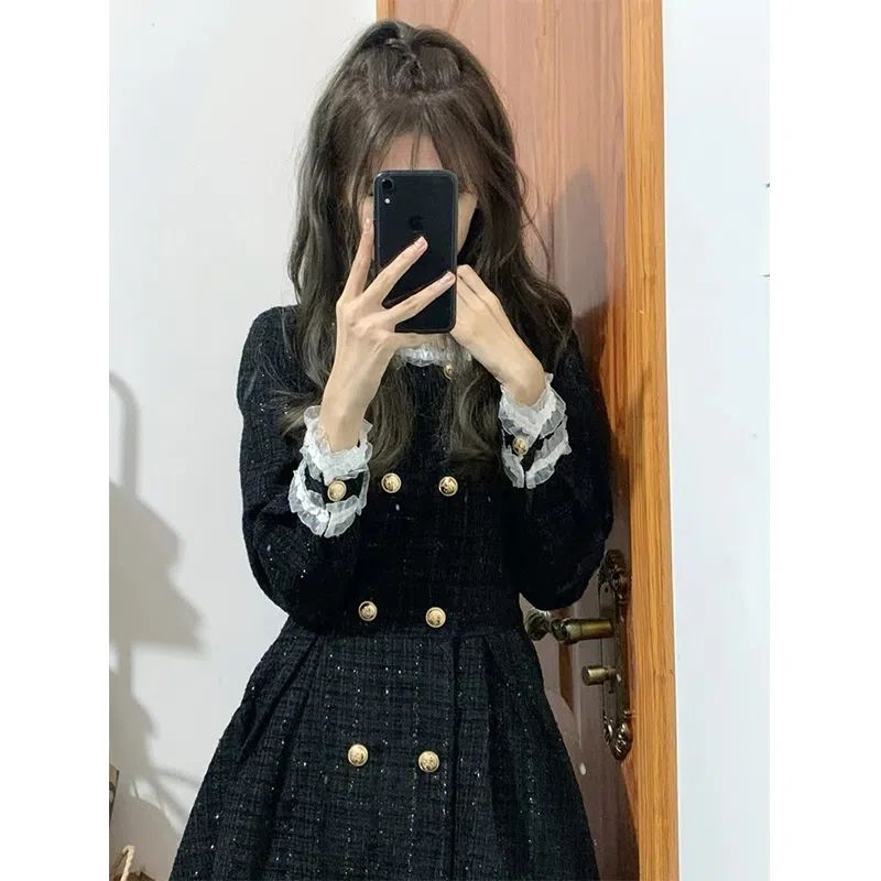 【急速出荷!】パーティードレス 韓国ファッション 高級感 ある黒ワンピース秋冬 新作フリルワンピース