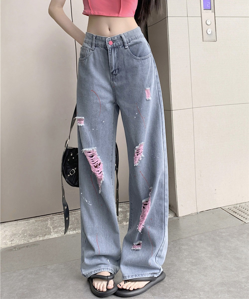 【日本倉庫即納】 ピンク ダメージデニムパンツ レディース ハイウエスト ストレートデニム 韓国風 体型カバー カジュアルズボン ジーンズ 美脚脚長 ワイドパンツ 着やせ ゆったり
