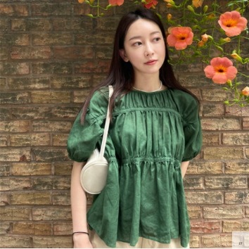 パフスリーブシャツ トップス シャツ ブラウス スイート フェミニン グリーン 緑 レギュラー丈 パフスリーブシャツ トップス シャツ ブラウス スイート フェミニン グリーン 緑 レギュラー丈