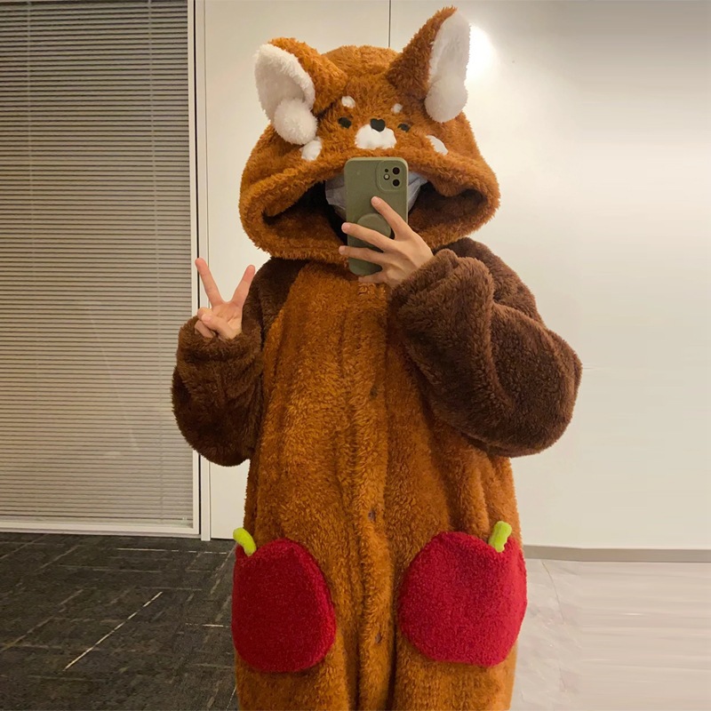 レッサーパンダナイトガウンスタイルコーラルベルベットプラスベルベット厚みのある大きいサイズワンピースパジャマメンズホーム服セット079 レッサーパンダナイトガウンスタイルコーラルベルベットプラスベルベット厚みのある大きいサイズワンピースパジャマメンズホーム服セット079