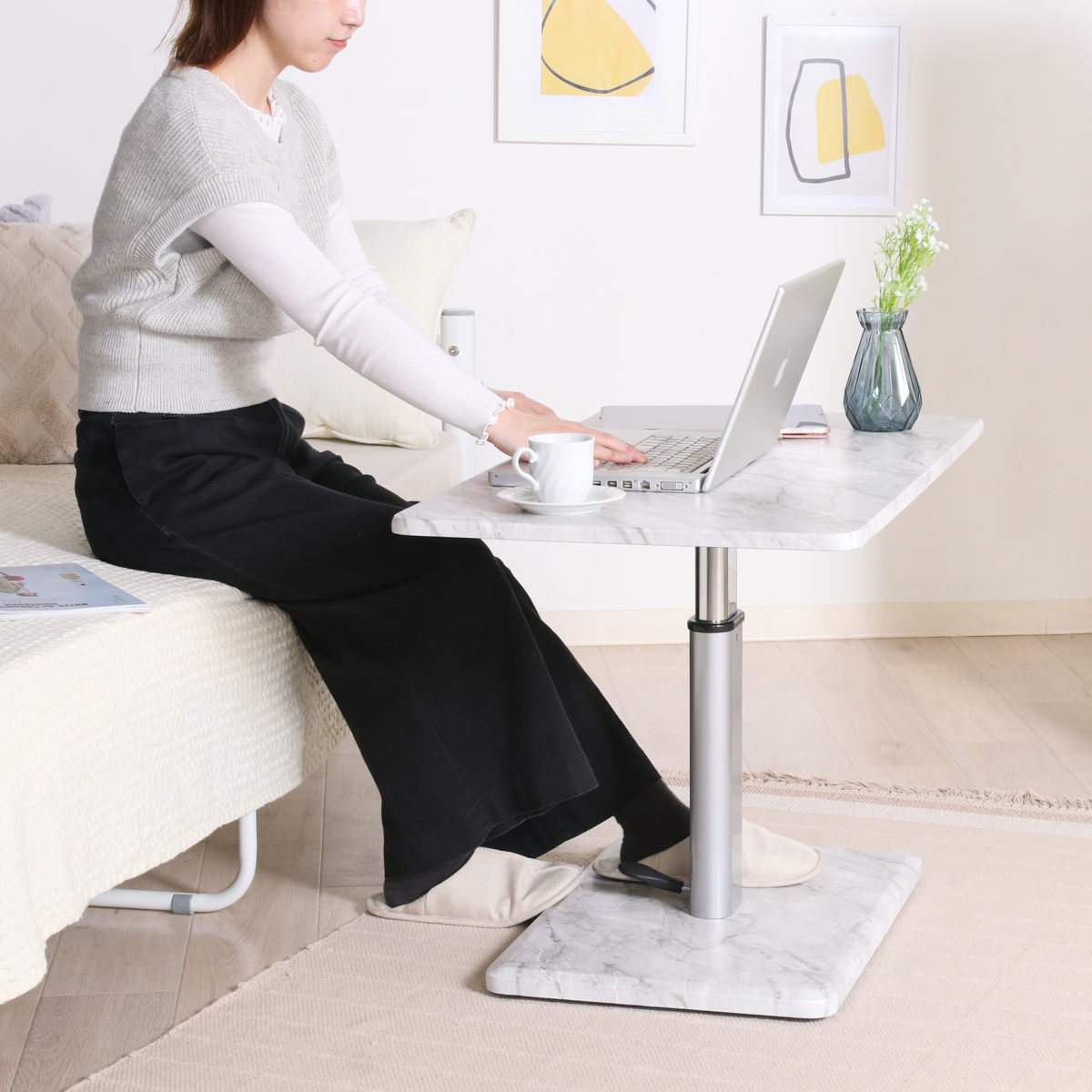 リビングテーブル 昇降式 幅90cm 大理石柄 高さ調節 フットペダル ローテーブル センターテーブル テーブル カフェ風 長方形 キャスター テレワーク パソコン 作業 机 高級感 上品