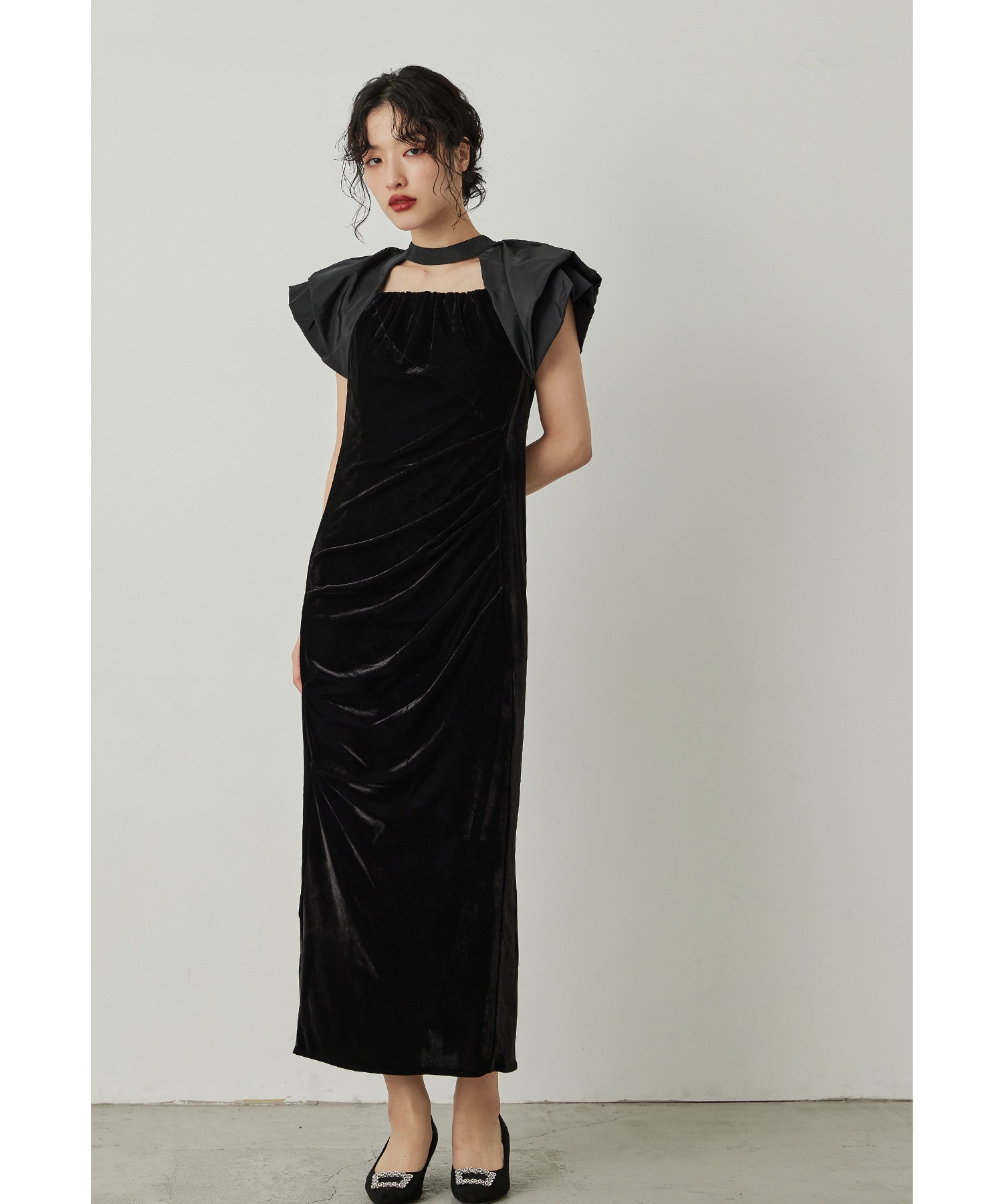 ドレープベロアドレス パーティードレス 結婚式 バルーンスリーブ ドット Iライン タイト お呼ばれ パーティー 二次会 披露宴 謝恩会 成人式 同窓会 卒業式 デート ディナー フォーマル